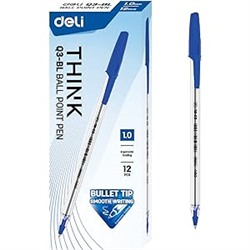 Ручка шариковая синяя 1,0мм 3шт Think, пулевидный узел, прозрачный корпус