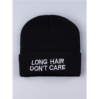 Шапка вязаная для девочки на отвороте надпись "LONG HAIR DON'T CARE", черный