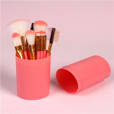 Набор кистей для макияжа, 12 предметов, футляр, цвет розовый