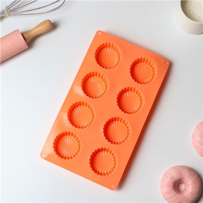 Форма силиконовая для выпечки Доляна «Конди», 8 ячеек, 28×16×2,1 см (d=5,4 см), цвет оранжевый