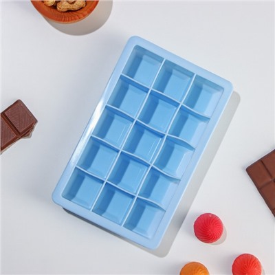 Форма силиконовая для льда и кондитерских украшений Доляна «Кубик», 11,7×18,7×3 см, 15 ячеек, 3,5×3,5 см, цвет голубой