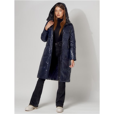 Пальто утепленное стеганое зимние женское  темно-синего цвета 448613TS