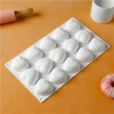 Форма силиконовая для муссовых десертов и выпечки KONFINETTA «Сердца», 29,8×17,3×2,5 см, 15 ячеек, ячейка 5×4,6 см, цвет белый