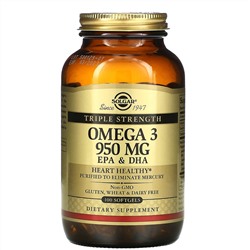 Solgar, омега-3, ЭПК и ДГК, тройной концентрации, 950 мг, 100 мягких таблеток