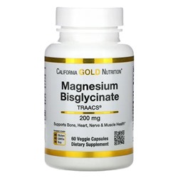 California Gold Nutrition, бисглицинат магния, с TRAACS® от Albion, 100 мг, 60 растительных капсул