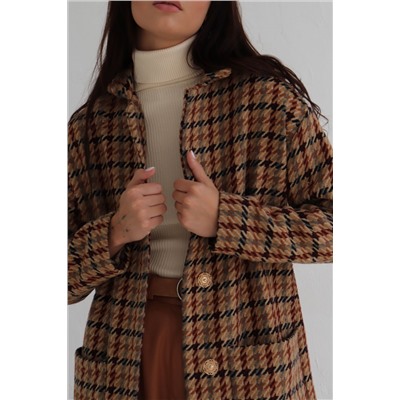 6225 Пальто-кокон с накладными карманами в гусиную лапку бежево-коричневое