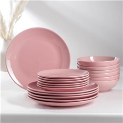 Набор тарелок керамический Доляна «Пастель», 18 предметов: 6 тарелок d=20 см, 6 тарелок d=27 см, 6 мисок d=19 см, цвет розовый