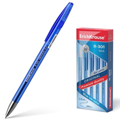 Ручка гелевая синяя 0,5мм R-301 Original, рифленый держатель, металлический наконечник, полупрозрачн