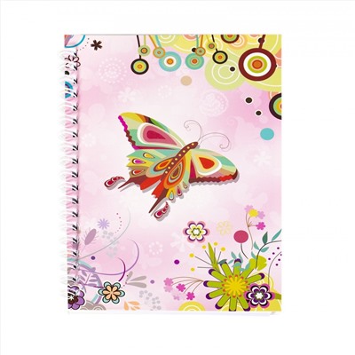 Блокнот А5 50л. Подарочный Яркая бабочка Розовый + ручка в футляре, спираль, ламинация, линия