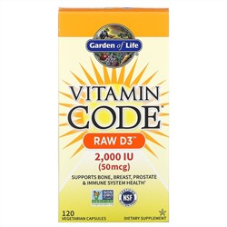 Garden of Life, Vitamin Code, RAW D3, 50 mcg (2,000 IU), 120 Vegetarian Capsules