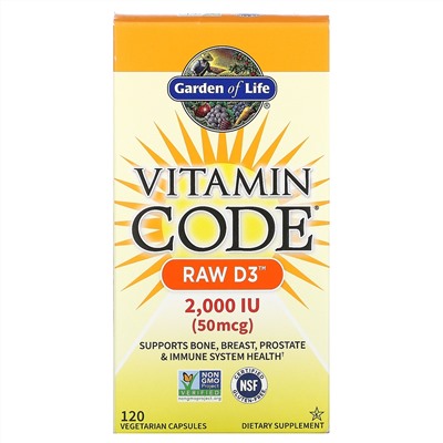 Garden of Life, Vitamin Code, RAW D3, 50 mcg (2,000 IU), 120 Vegetarian Capsules