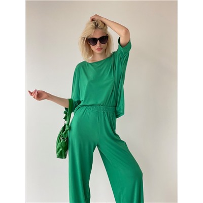 6551 Трикотажный костюм в пижамном стиле зелёный