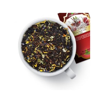 Чай черный "Полезный чай" Черный среднелистовой чай с лепестками календулы, василька, листьями малины, земляники, с ароматом клубники.