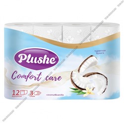 Туалетная бумага ароматизированная "Plushe. Comfort Care/Кокос и ваниль" 3-х слойная,12шт по 15м в упаковке, (12)