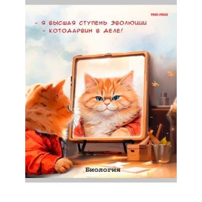 Тетрадь 48л. КЛЕТКА «ЖИЛ БЫЛ КОТ» БИОЛОГИЯ, скрепка, мелованный картон, без обработки (80; 10)