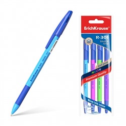 Набор шариковых ручек синих 4шт 0,7мм R-301 Neon Stick&Grip, шестигранная, резиновый держатель, цвет