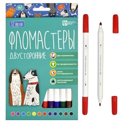 Набор фломастеров арт. 67876 / 12 АРТ-БРАТВА (12 цв., размер упаковки: 11,7х16,5х1 см, двусторонние, смываемые чернила, вентилируемый колпачок, цвет корпуса: белый, материал: полипропилен, полиэстер, полиэтилен, состав чернил: на водной основе, толщина наконечников: "тонкий" - 2,3 мм, "толстый" - 3,6 мм, картонная коробка с европодвесом и вырубкой).