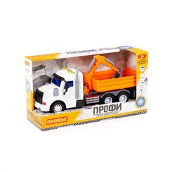 323247 Полесье "Профи", автомобиль бортовой с ковшом инерционный (со светом и звуком) (оранжевый) (в коробке)