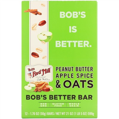 Bob's Red Mill, Bob's Better Bar, Peanut Butter Apple Spice & Oats, 12 Bars, 1.76 oz (50 g) Each