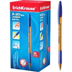 Ручка шариковая синяя 0,7мм R-301 Amber Grip, резиновый держатель, полупрозрачный оранжевый корпус,