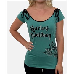 Бирюзовая женская футболка Harley-Davidson – тесьма на плечах, асимметричный принт, приталенный фасон №1095