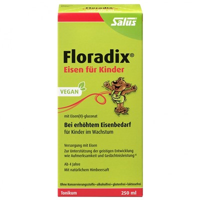 Floradix (Флорадикс) Eisen fur Kinder Железо для детей от 4-х лет с малиновым соком, для поддержки умственного развития, внимания и памяти, сироп 250 мл