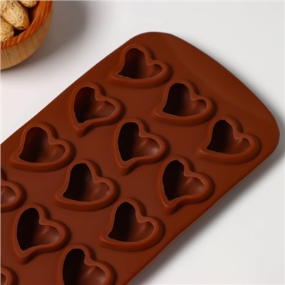 Форма силиконовая для льда и кондитерских украшений Доляна «Сердца», 21,5×10,5×1,8 см, 15 ячеек, цвет шоколадный