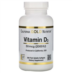 California Gold Nutrition, Витамин D3, 50 мкг (2000 МЕ), 360 мягких капсул из рыбного желатина