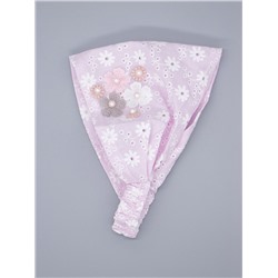 Косынка трикотажная для девочки на резинке, белые цветочки, сбоку цветы с бусинами, светло-розовый