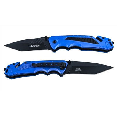 Складной нож танто Wartech PWT215BL (синий) - Клинок изготовлен из прочной и нержавеющей стали 3Cr13. Общая длина в разложенном виде - 210 мм, длина клинка - 85 мм, вес - 163 г. Складной нож оснащен стеклобоем и стропорезом. №707