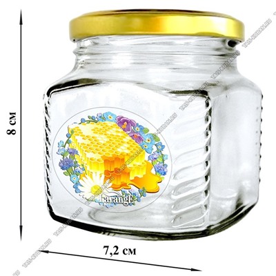 Банка "Мед" 0,25л цвет.деколь "Соты", с метал.крышкой с ложкой (ф.квадр) б/уп