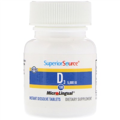 Superior Source, Витамин D3 Extra Strength, 5000 МЕ, 100 быстрорастворимых таблеток MicroLingual