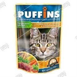 Puffins корм для кошек Мясное ассорти желе дой-пак 100г (24)