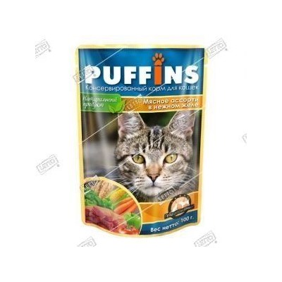 Puffins корм для кошек Мясное ассорти желе дой-пак 100г (24)