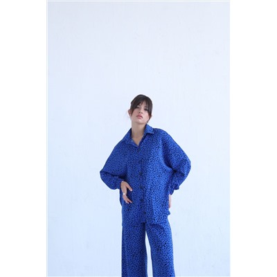 7006 Костюм в пижамном стиле синий с принтом