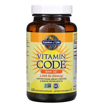 Garden of Life, Vitamin Code, RAW D3, 50 mcg (2,000 IU), 120 Vegetarian Capsules