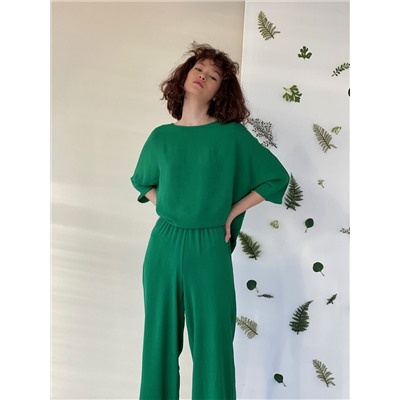 9085 Трикотажный костюм в пижамном стиле зелёный