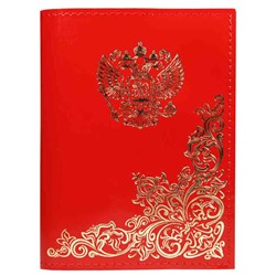 Обложка для паспорта из лакированной натуральной кожи Народная, красная, тиснение золотом
