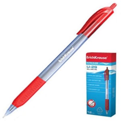 Ручка шариковая автоматическая красная 0,6мм Ultra Glide Technology U-29 трехгранная, резиновый держ