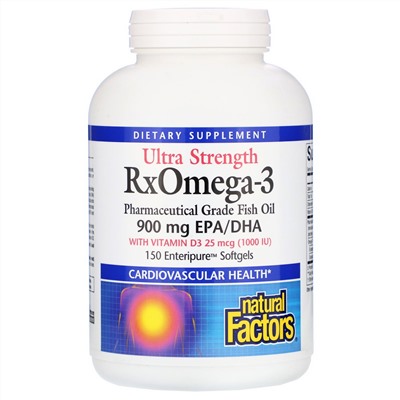 Natural Factors, Ultra Strength, RxOmega-3, с витамином D3, 900 мг ЭПК/ДГК (эйкозапентаеновая/докозагексаеновая кислота), 150 гелевых капсул Enteripure