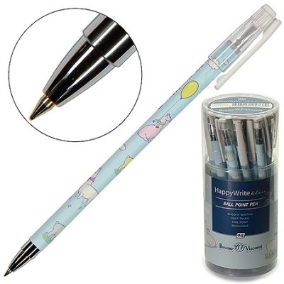 Ручка шариковая синяя 0,5мм HappyWrite Ламы, металлизированный наконечник, прозрачный колпачок с кли