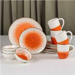 Набор посуды керамический Доляна «Космос», 16 предметов: 4 тарелки d=21 см, 4 тарелки d=27,5 см, 4 миски d=13 см, 4 кружки 400 мл, цвет оранжевый