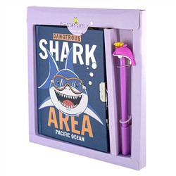 Блокнот А5 50л. Подарочный Акула - опасность с замочком + ручка в футляре, 7БЦ, ламинация, линия