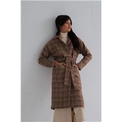 6226 Пальто-кокон с накладными карманами в коричнево-бежевую клетку