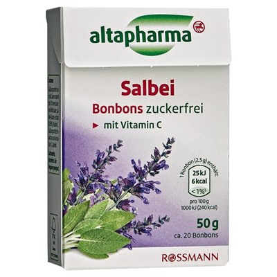 altapharma Salbei-Bonbons mit Vitamin C Конфеты Шалфей с Витамином С для лечения шеи и горла, без сахара  50 г