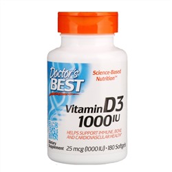 Doctor's Best, Витамин D3, 25 мкг (1000 МЕ), 180 мягких желатиновых капсул