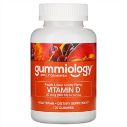 Gummiology, жевательные таблетки с витамином D3 для взрослых, натуральный вкус персика и вишни, 100 вегетарианских жевательных таблеток