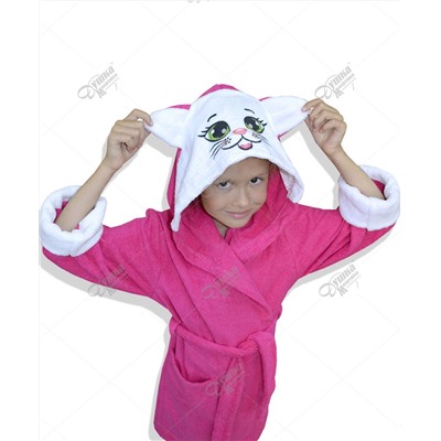 Детский махровый халат с капюшоном и печатью "Кошечка" малиновый
