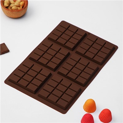 Форма силиконовая для шоколада Доляна «Плитка», 27,2×17,6×1 см, 6 ячеек (7,5×7,5см) , цвет коричневый