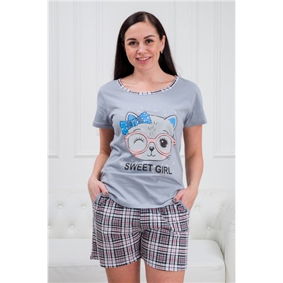 Костюм женский футболка и шорты из кулирки Шармель кошка